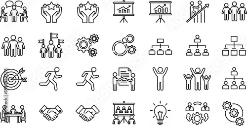 Comprehensive Outline Vector Icon Set Representing Business Management, Team Collaboration, Corporate Structure, Strategy Planning, Success Achievement, and Innovative Ideas.