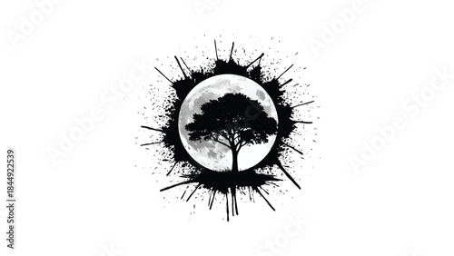 Splattered ink effect reveals a moonlit tree silhouette within an oval frame