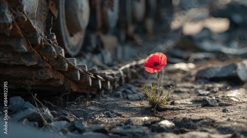 A striking red poppy flower grows resiliently amidst rubble, symbolizing beauty in harsh environments.