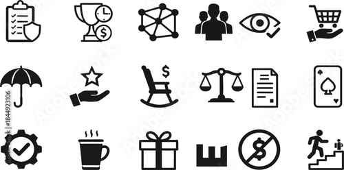 Essential Monochromatic Vector Icon Collection for Financial Services, Legal Documentation, Business Management, Insurance Policies, and Retirement Planning Concepts.