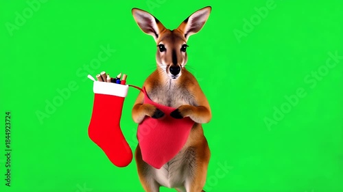 Kangaroo with Christmas stocking and gift sack on green screen, festive holiday delivery