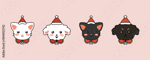 Cute Christmas Pet Characters Set, Santa Hat Cat and Dog Portraits