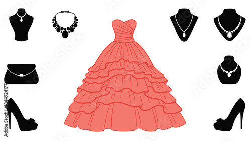 Elegant fashion collection featuring a coral gown jewelry shoes and accessories