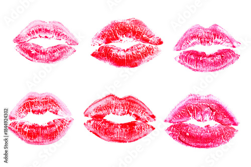 Set of red lipstick kiss imprint on white background.