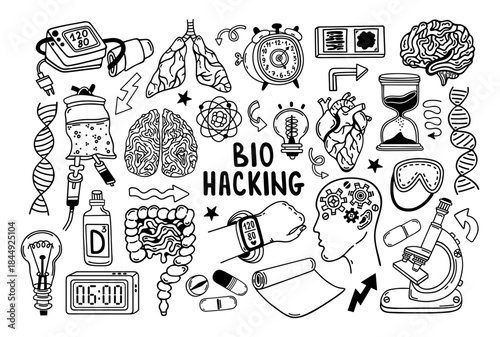 Biohacking vector icon set. Improving biological processes, healthy lifestyle, normalizing sleep patterns, medicine, gene therapy. Wellness, slowing down aging. Hand drawn black and white clipart