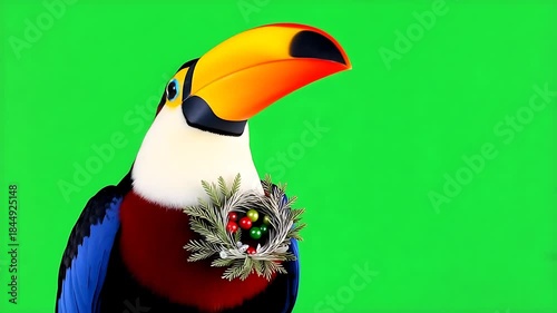 Vibrant Toucan Bird Wearing Festive Wreath on Isolated Green Screen Background for Compositing