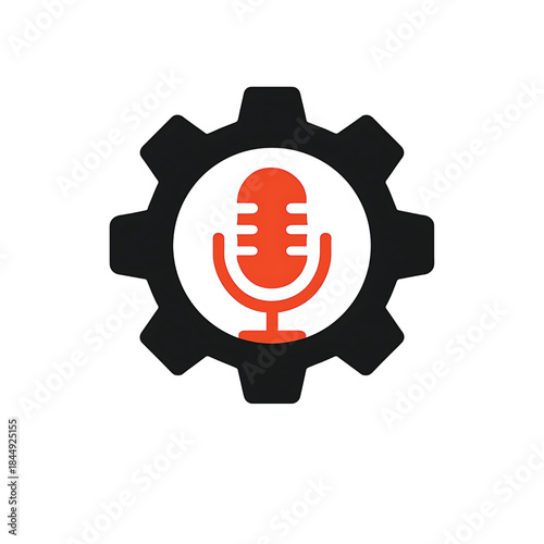 Vector illustration of gear wheel with microphone. Icon of voice recognition identification.