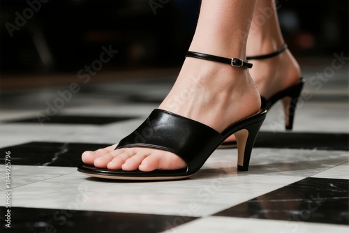 Close-up of a person wearing black leather high-heeled sandals with ankle straps on a checkered floor