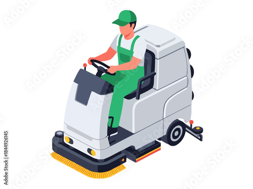 A diligent worker clad in green overalls steers a heavy-duty, ride-on industrial floor sweeper, efficiently cleaning the ground with its rotating yellow front brushes in a modern isometric style