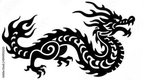 A black and white tribal dragon tattoo vector design featuring a traditional Chinese mythology monster silhouette as a symbolic fantasy animal illustration for heraldic Asian art decoration