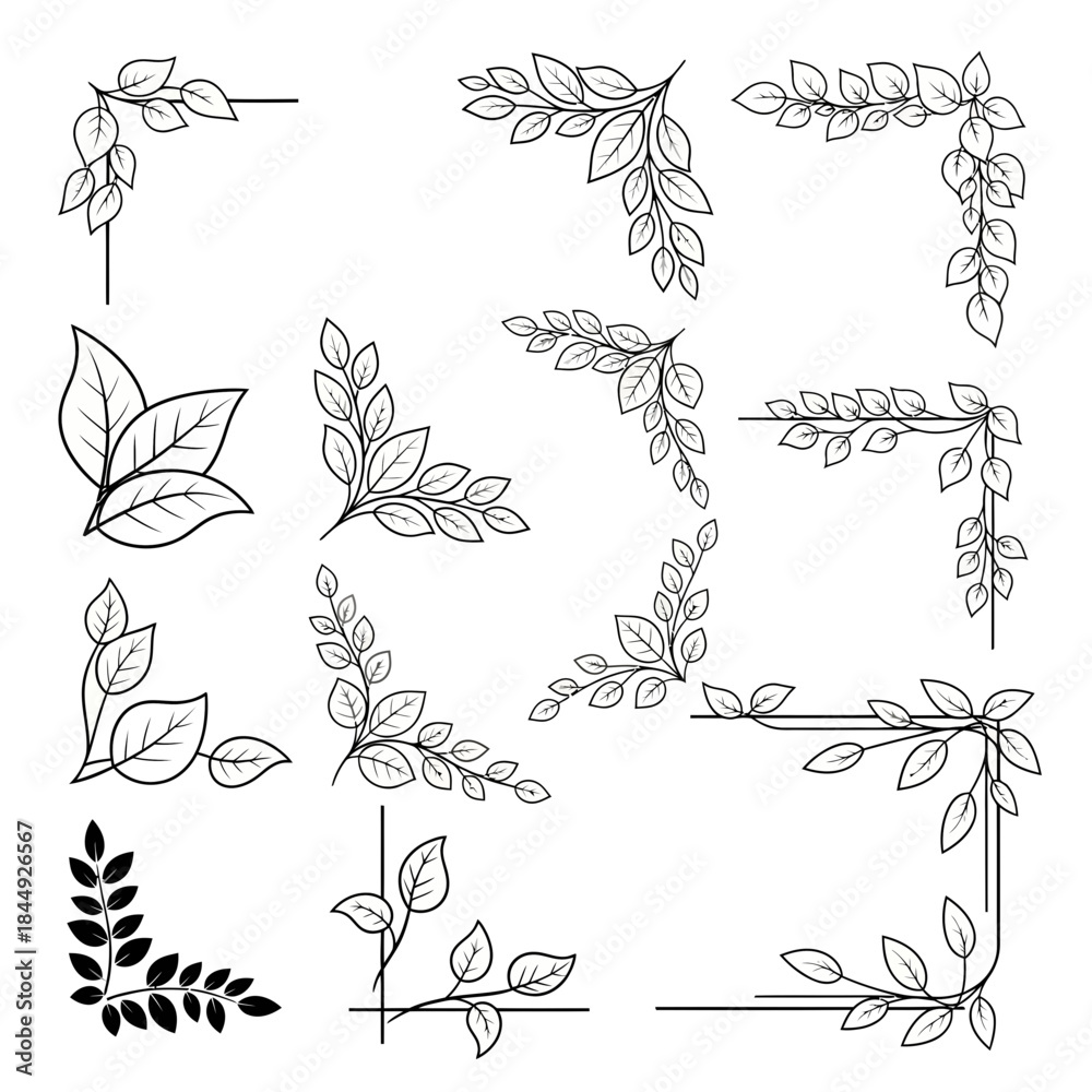 Fototapeta premium Stunning collection of elegant black and white botanical corner accents perfect for wedding invitations or vintage design