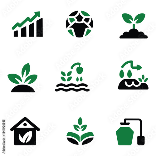 Green and black icons for growth agriculture and sustainability plant seedling