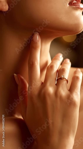Wallpaper Mural Close-Up Shot of Elegant Woman's Hand Adorned with Ring Touching Neck Against Soft Bokeh Lighting Background Beauty Treatment Advertising, Jewelry Torontodigital.ca