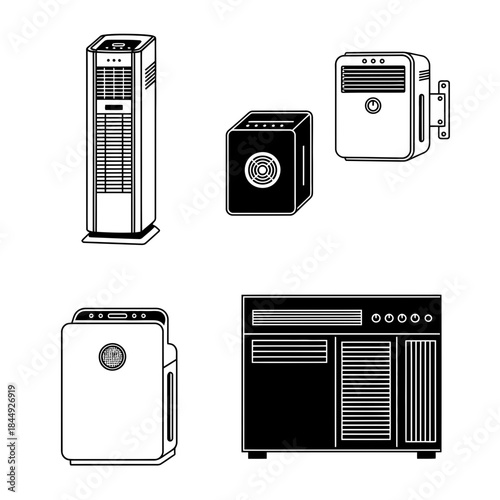 Collection of modern air purifier and climate control appliance icons perfect for home comfort and clean air technology designs