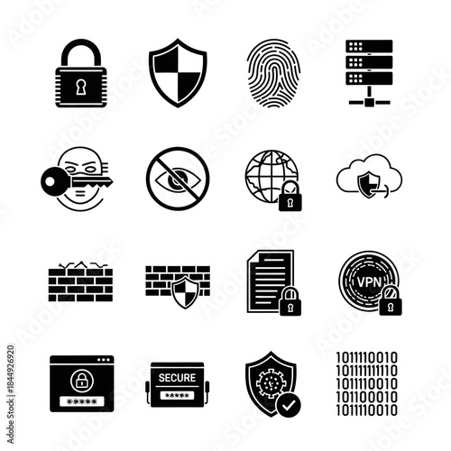 Essential collection of professional cybersecurity icons covering privacy data protection access control and digital defense concepts