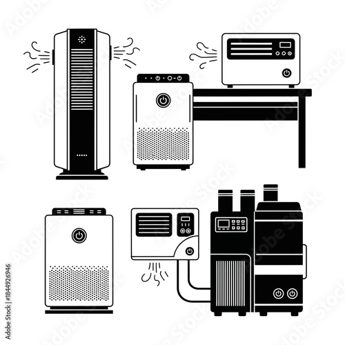 Stunning collection of modern air purifier and climate control appliance icons perfect for health and technology designs