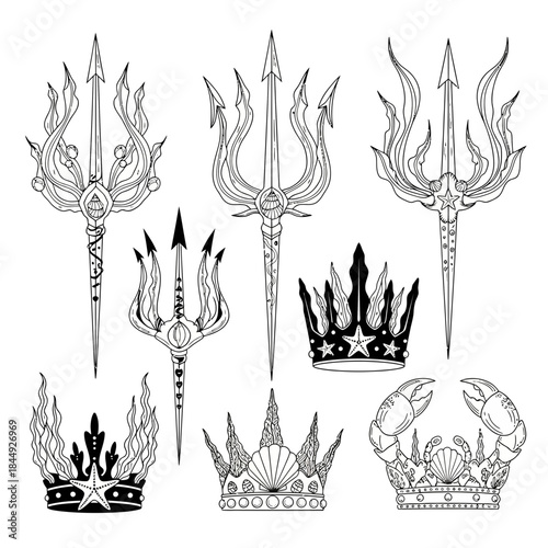 Stunning collection of mystical ocean trident and elaborate sea creature tattoo design elements for divine water royalty