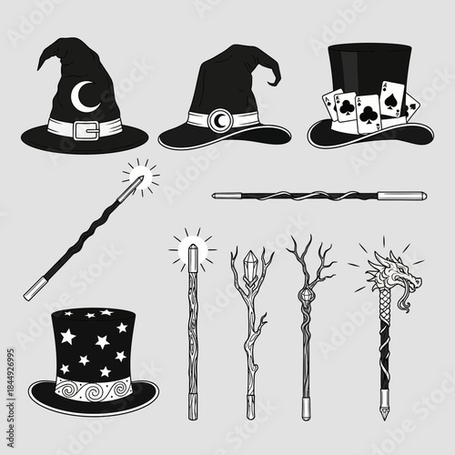 Stunning collection of black and white wizard hats magic wands and mystical staffs perfect for fantasy design