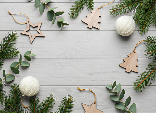 White Christmas background with spruce frosty brunches and Christmas lights