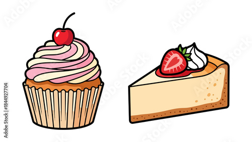 Delicious Assorted Dessert Cakes Featuring Sweet Cupcake and Creamy Cheesecake