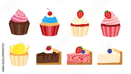 Variety of Delicious Colorful Cupcakes and a Slice of Cake for Celebrations