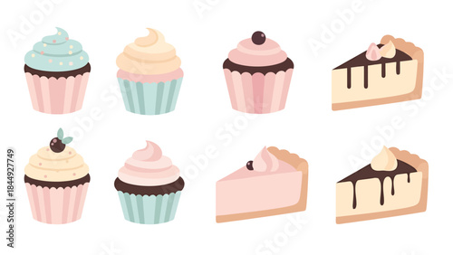 Delicious Assorted Cupcakes and Cheesecake Slices on a White Surface