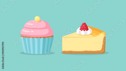 Delicious Cupcake and Slice of Cheesecake with Fruit Toppings on Light Background