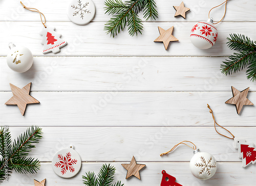 White Christmas background with spruce frosty brunches and Christmas lights