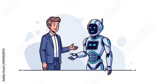 Man and robot conversation about technology and future