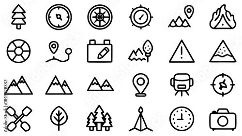 Collection of outline icons representing camping hiking and outdoor activities in a simple line art style