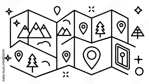 Detailed map illustration featuring mountains trees location markers and geometric shapes in black and white