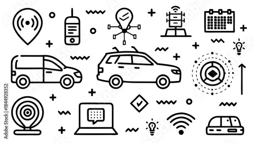Illustration showing autonomous vehicles, navigation, and data analysis in a modern design style