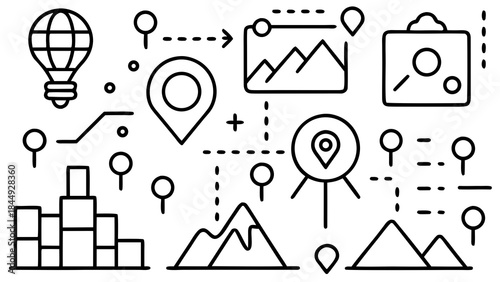 Illustration of a map with pins, mountains, graph, balloon and stacked blocks in black and white style