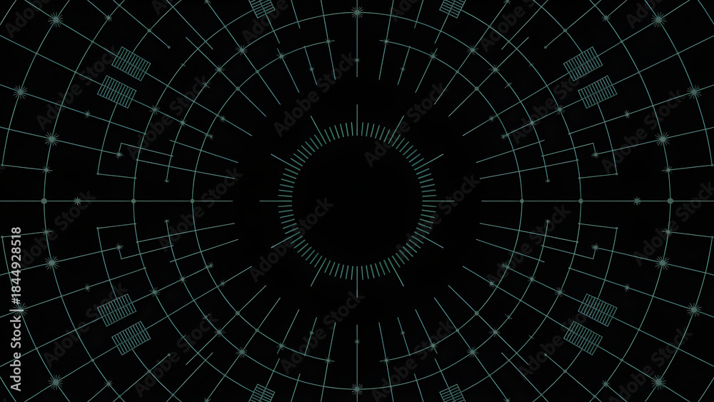 Fototapeta premium Abstract digital tunnel with glowing geometric patterns and dark background