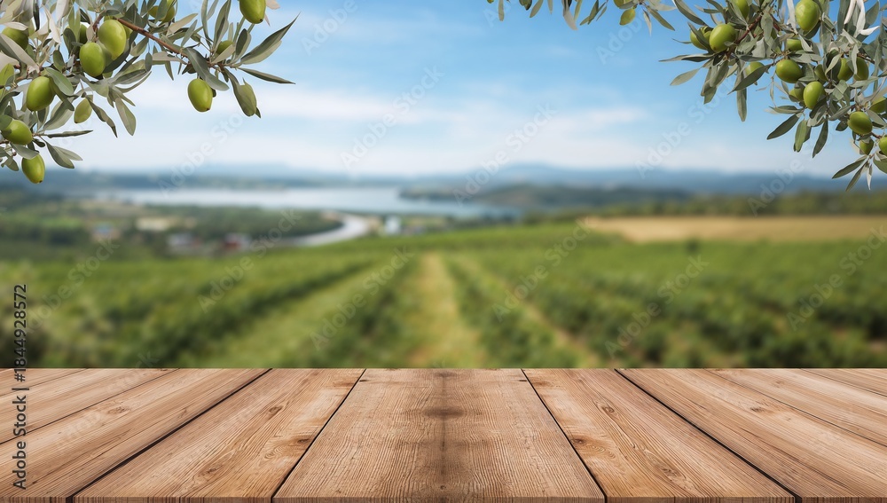 Fototapeta premium Rustic wooden table with fresh olive branches overlooking a beautiful blurred vineyard landscape