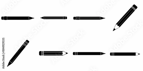 Set of various pencil icons and silhouettes, depicting different styles of writing and drawing instruments for education, art, and office supplies on a white background.