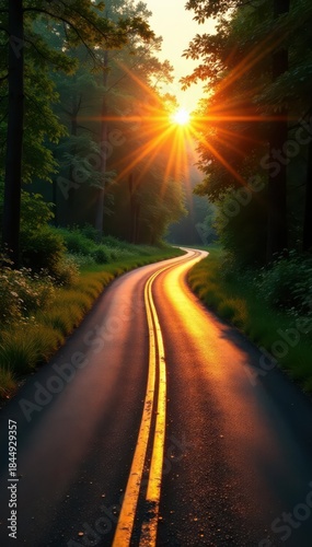 Sun-drenched asphalt ribbon cuts through verdant woods at sunset , travel, stock