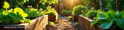 Sun-drenched community garden, wooden raised beds , sunlight, serenity