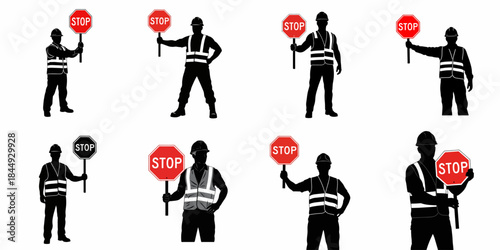 Collection of eight vector silhouettes showing construction workers or traffic controllers wearing safety gear and holding handheld stop signs for road control and caution.