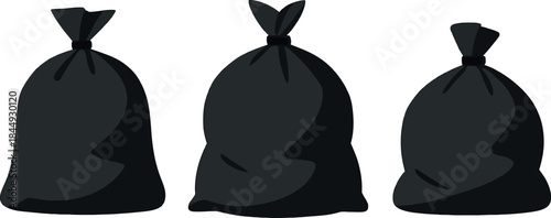 Three Black Garbage Bags Tied Up Isolated on White Background