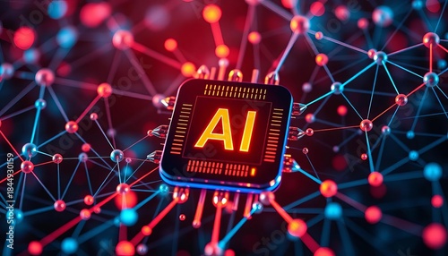 Abstract network nodes merging with AI chip icon, ai,   design