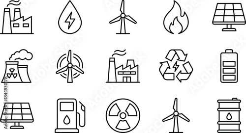 Energy and Ecology Line Icons Set Vector Illustration Renewable Power Solar Wind Factory Nuclear Fuel Environmental Symbols