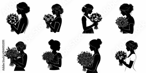 Elegant Vector Silhouettes Set: Women and Brides Holding Various Floral Bouquets for Wedding and Beauty Themes.