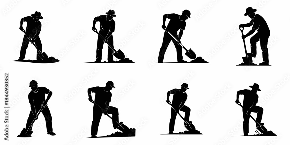 Fototapeta premium Vector silhouettes set of manual laborers or farmers digging with shovels, isolated on white background.
