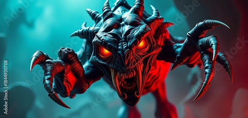 Frightening grotesque creature with sharp claws and glowing eyes, scary, monster