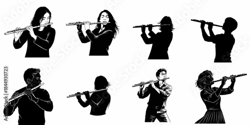 Flute Players Vector Collection: Set of eight musicians playing transverse flutes, featuring detailed graphic illustrations and silhouettes in black and white.