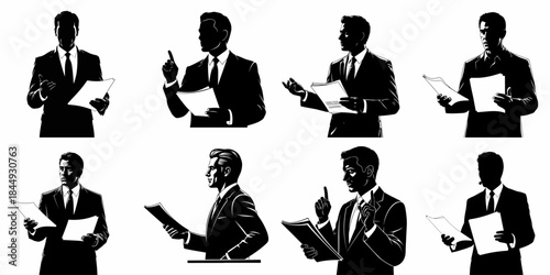 Eight Vector Silhouettes of a Businessman or Public Speaker Presenting, Holding Documents, and Gesturing, Isolated on a White Background.