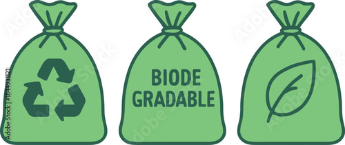 Three Green Bags with Recycling and EcoFriendly Symbols