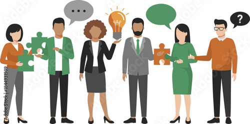 Business teamwork collaboration concept, diverse professional team solving problems, communication strategy, innovation ideas, puzzle pieces, corporate discussion illustration
