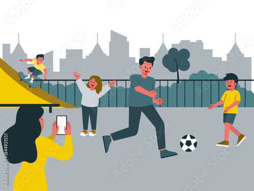 Family enjoying various outdoor activities in a park setting another child is skateboarding on a ramp. Modern urban life vector illustration. Flat illustration concept.